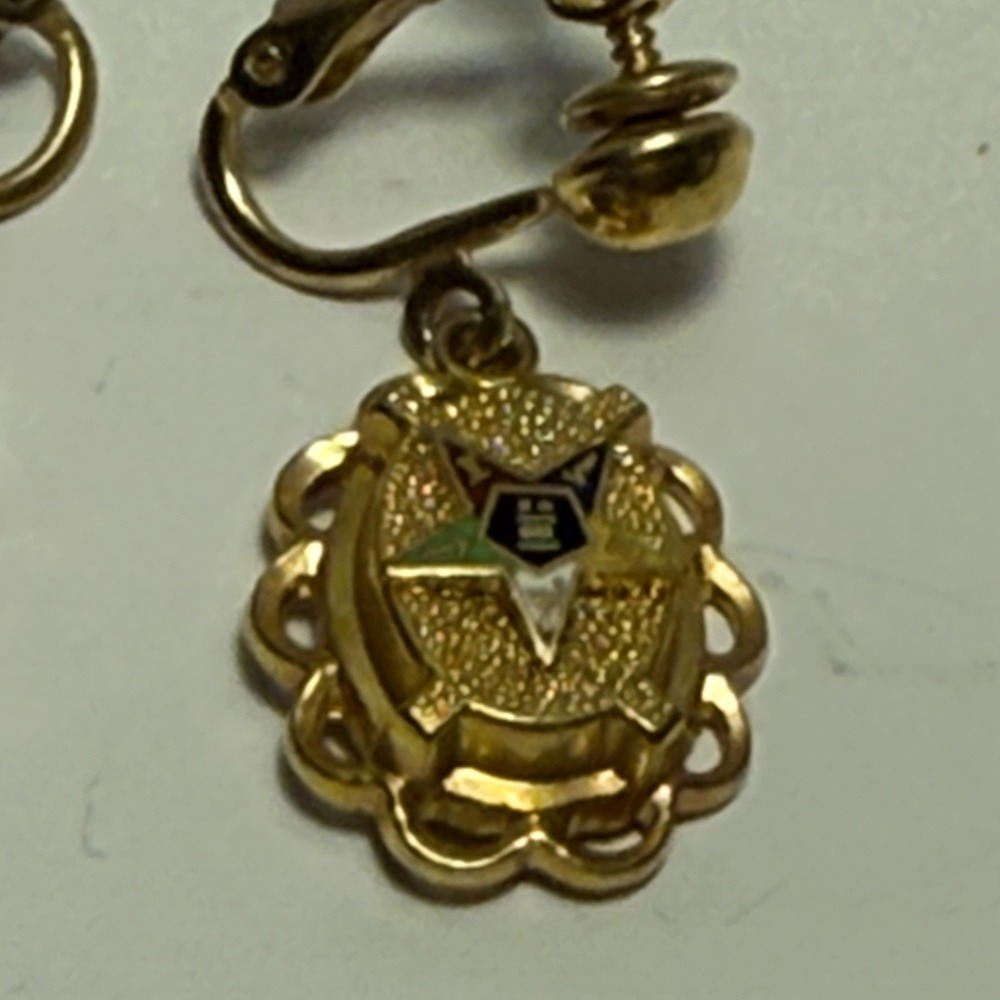 Vintage Eastern Star‎ Masonic Screw Back Dangle Earrings Gold Tone Enamel Women - Picture 3 of 8